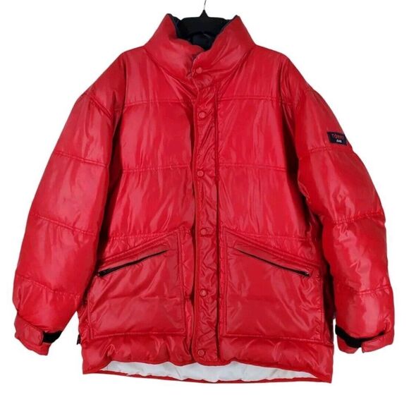 Vtg 90s Tommy Jeans Puffer Down Feather Jacket Mens L Red Spellout Logo Rare Y2K - Picture 1 of 16